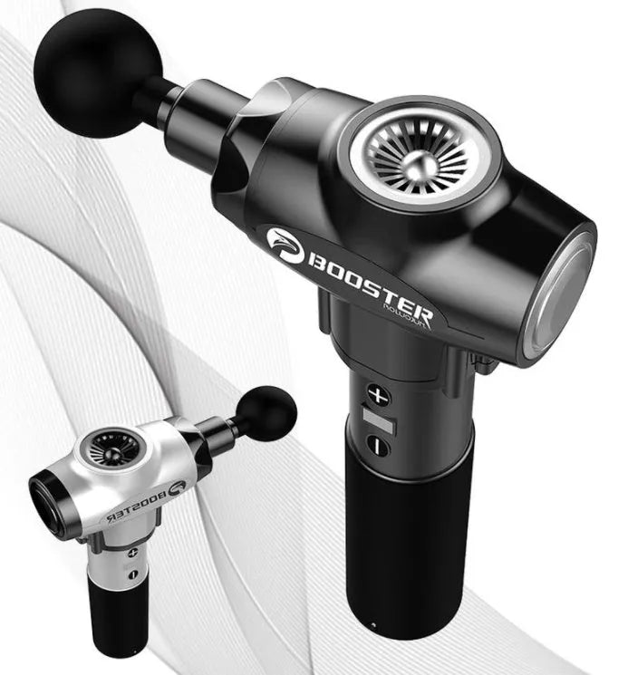 Black and white muscle relaxation massager with lithium battery showing 1800-3200r/min speed and 12mm stroke specifications