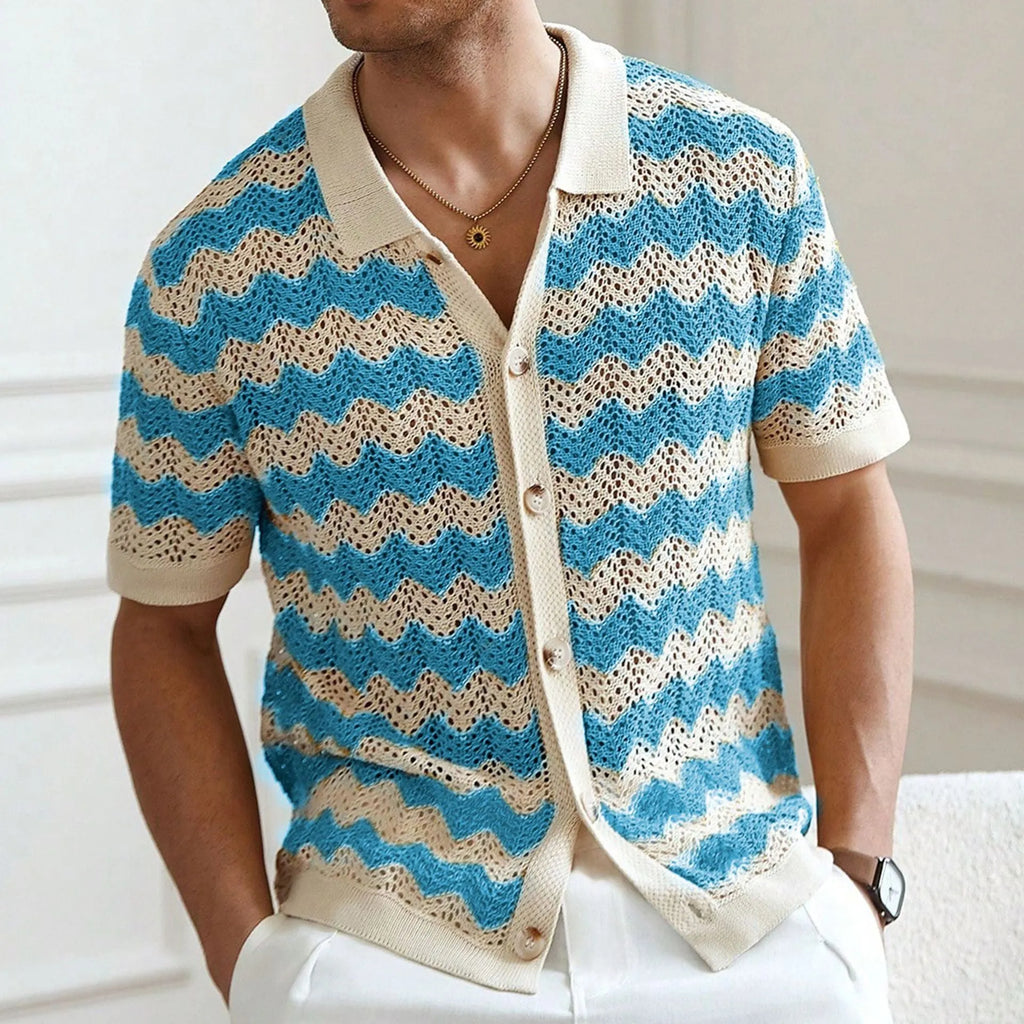 Blue American-style corrugated short-sleeved sweater with jacquard texture on a hanger.