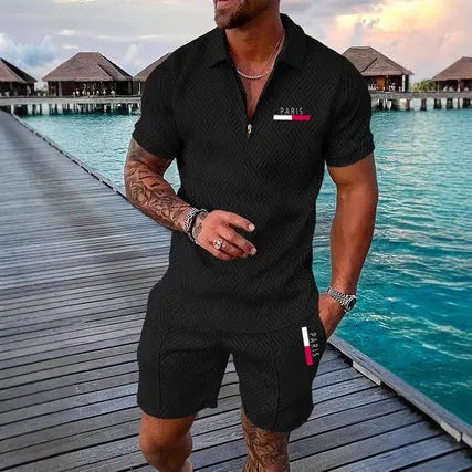 Men's retro plaid beach suit set with PARIS heat transfer patch, short sleeve T-shirt and shorts in cotton blend