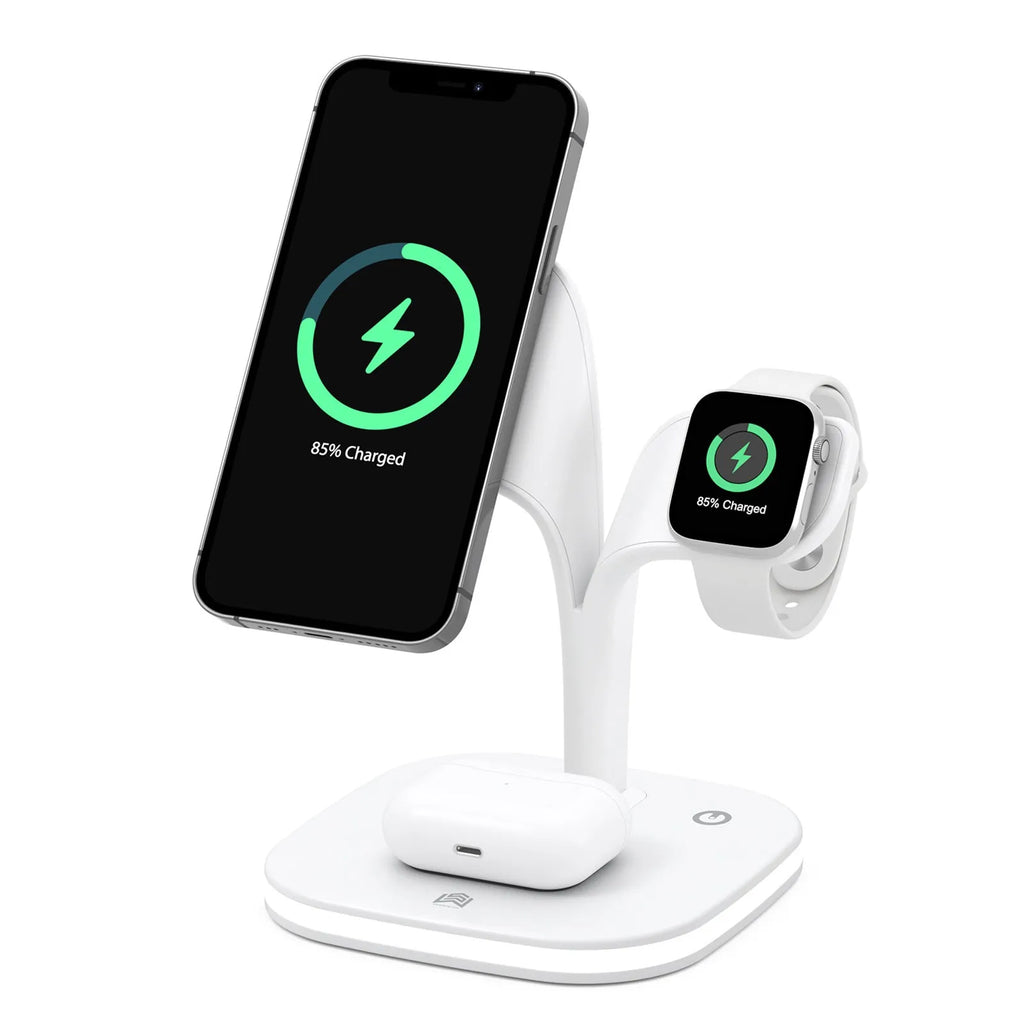 Black wireless charging station on desk with phone, watch, and headphones charging simultaneously