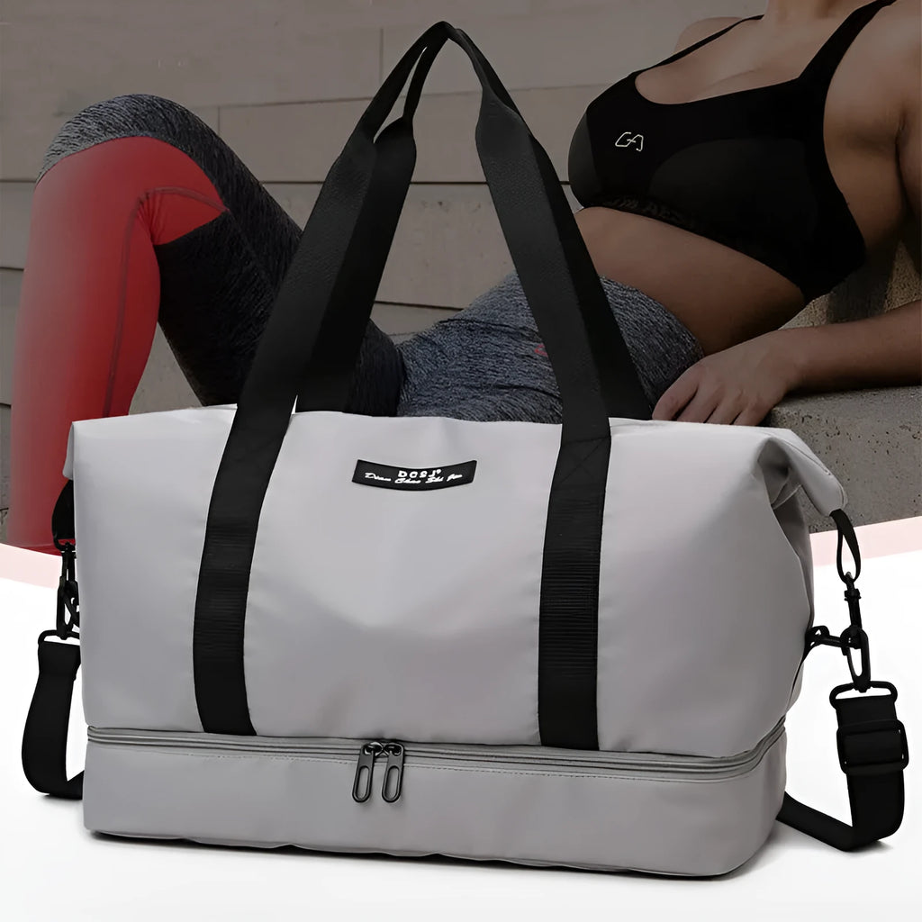 Large capacity travel duffle bag with shoes compartment in Oxford cloth, solid colour, for gym and overnight use