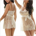White spandex lingerie set for women shown in sizes S, M, and L.