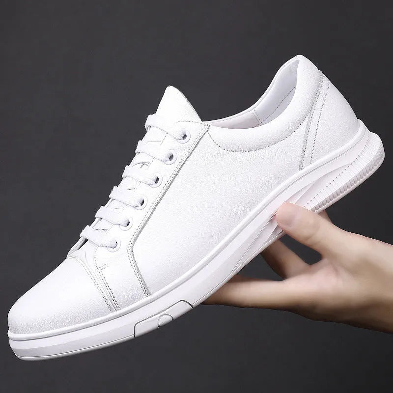 Men's cowhide board shoes in white or black, genuine leather upper, flat heel, sizes 37 to 46