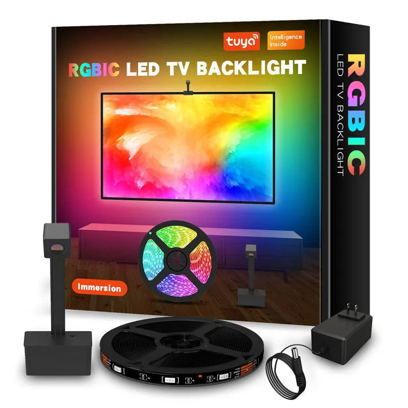 Graffiti APP synchronisation smart LED light strip with camera for TV backlighting, showing remote control and 5m black strip.