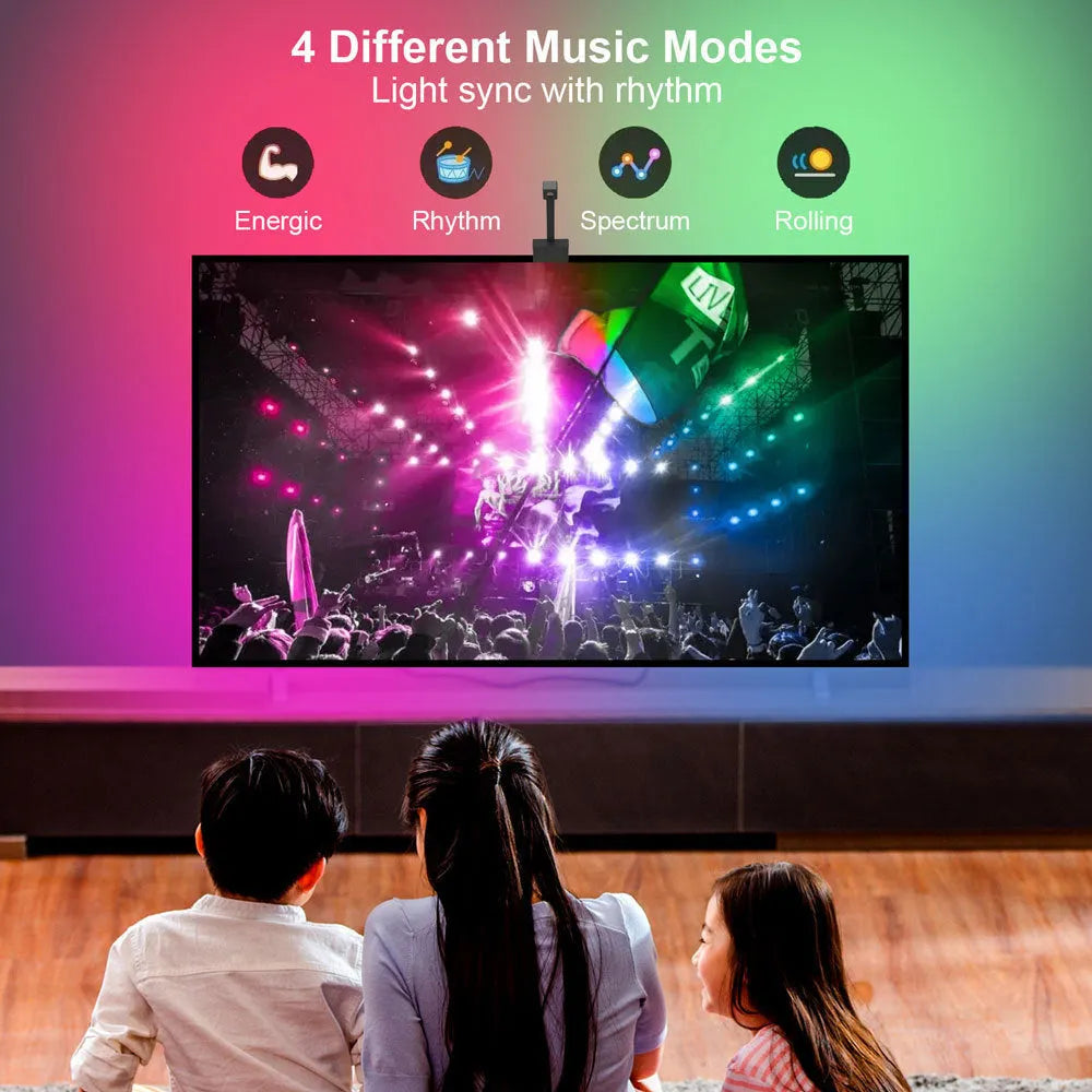 Graffiti APP synchronisation smart LED light strip with camera for TV backlighting, showing remote control and 5m black strip.