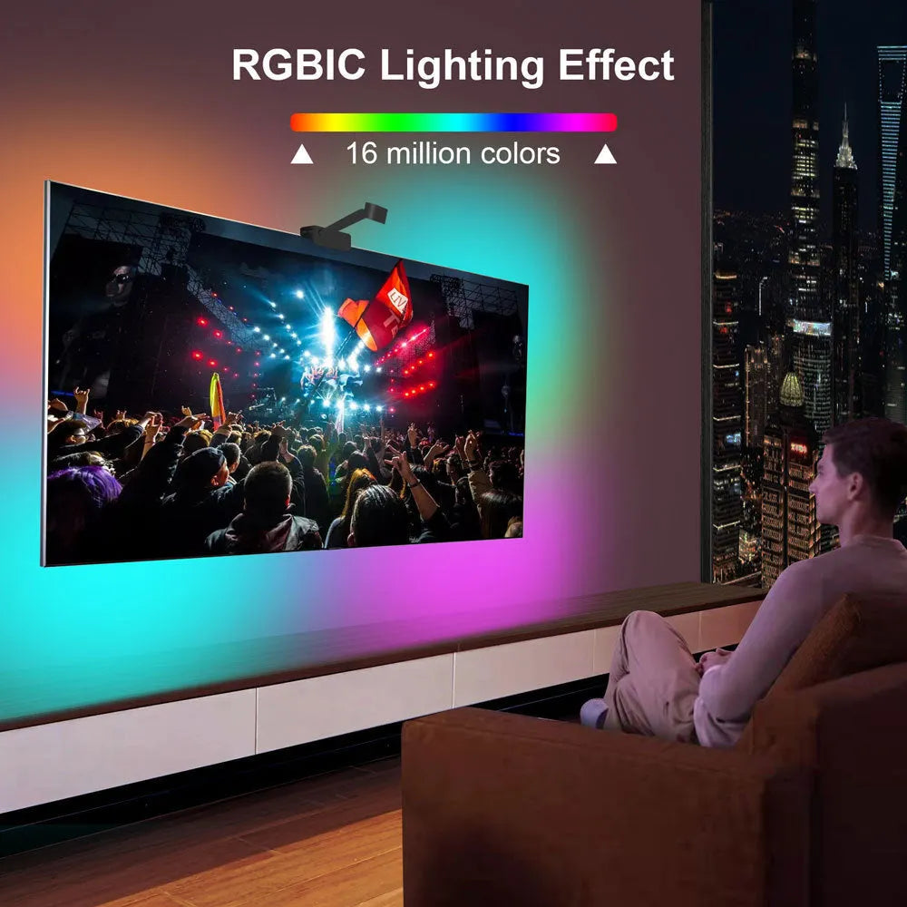 Graffiti APP synchronisation smart LED light strip with camera for TV backlighting, showing remote control and 5m black strip.