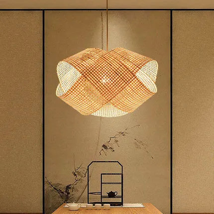 Bamboo woven rattan ceiling lamp with adjustable height in new Chinese style for restaurant lighting