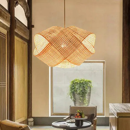 Bamboo woven rattan ceiling lamp with adjustable height in new Chinese style for restaurant lighting