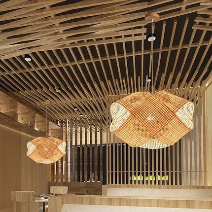 Bamboo woven rattan ceiling lamp with adjustable height in new Chinese style for restaurant lighting