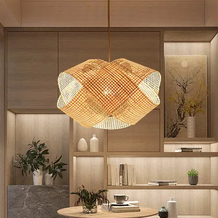 Bamboo woven rattan ceiling lamp with adjustable height in new Chinese style for restaurant lighting