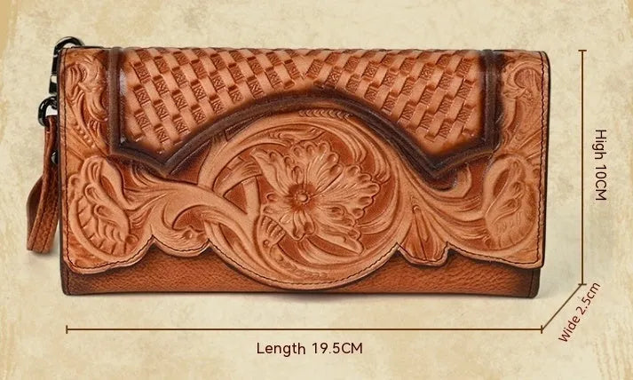 Retro brown Chinese floral embossed tri-fold women's leather wallet open to show compartments.