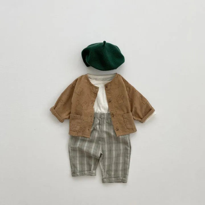 Cotton baby plaid trousers in mid waist Korean style, available in orange, grey, green, and plaid patterns