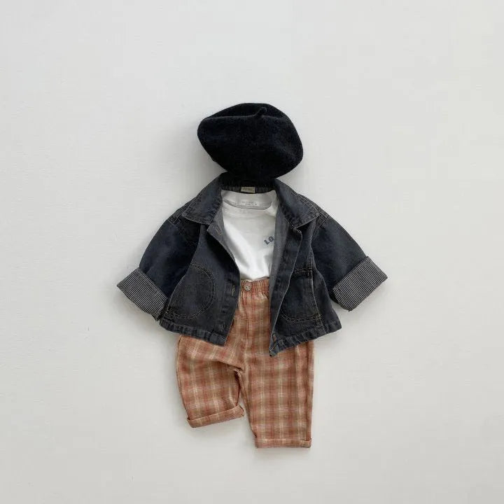 Cotton baby plaid trousers in mid waist Korean style, available in orange, grey, green, and plaid patterns
