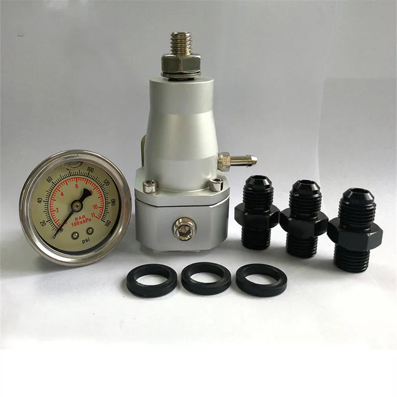 Black CNC aluminum fuel pressure regulator with adjustment port and mounting strap