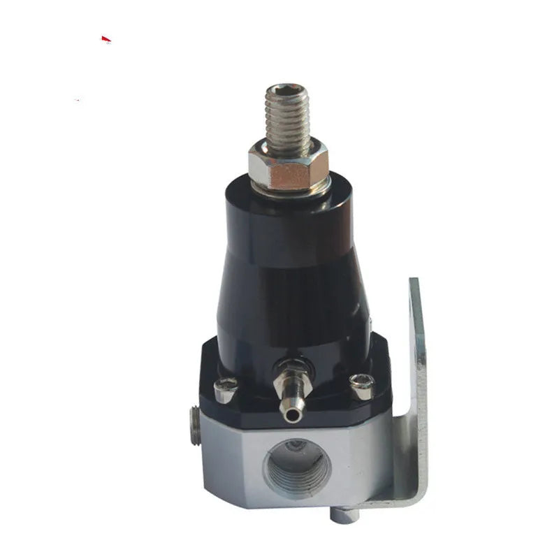 Black CNC aluminum fuel pressure regulator with adjustment port and mounting strap