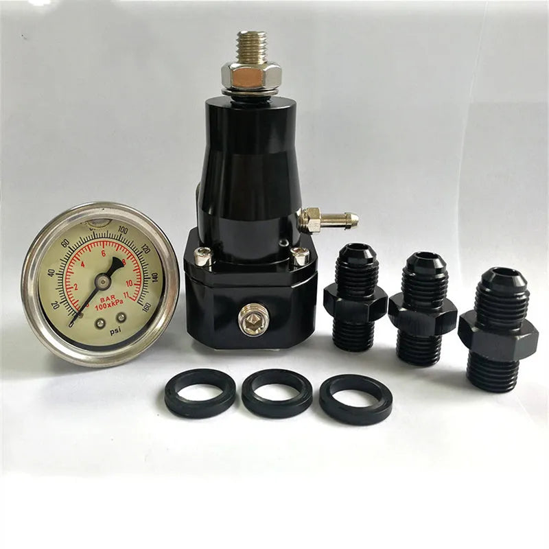 Black CNC aluminum fuel pressure regulator with adjustment port and mounting strap