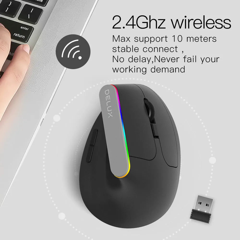 Black and white M618C wireless vertical ergonomic mouse with RGB lighting, shown from the side.