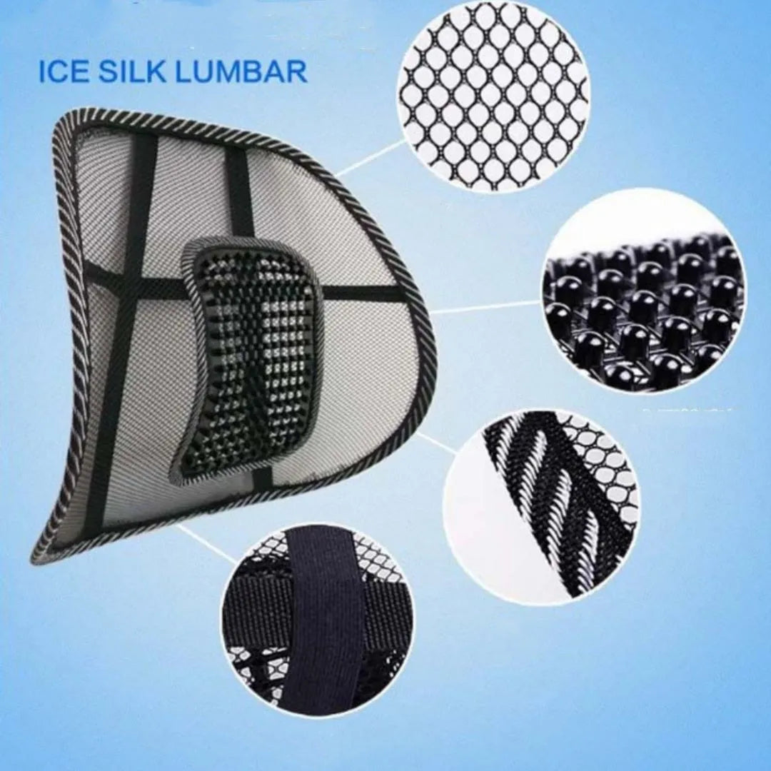 Black car lumbar support pillow with steel wire frame showing adjustable bending