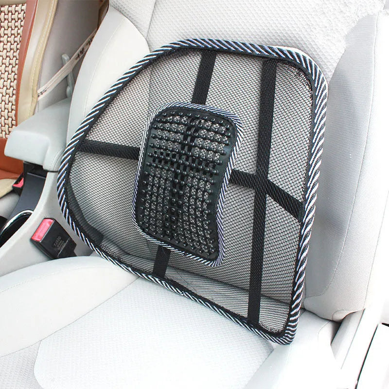 Black car lumbar support pillow with steel wire frame showing adjustable bending