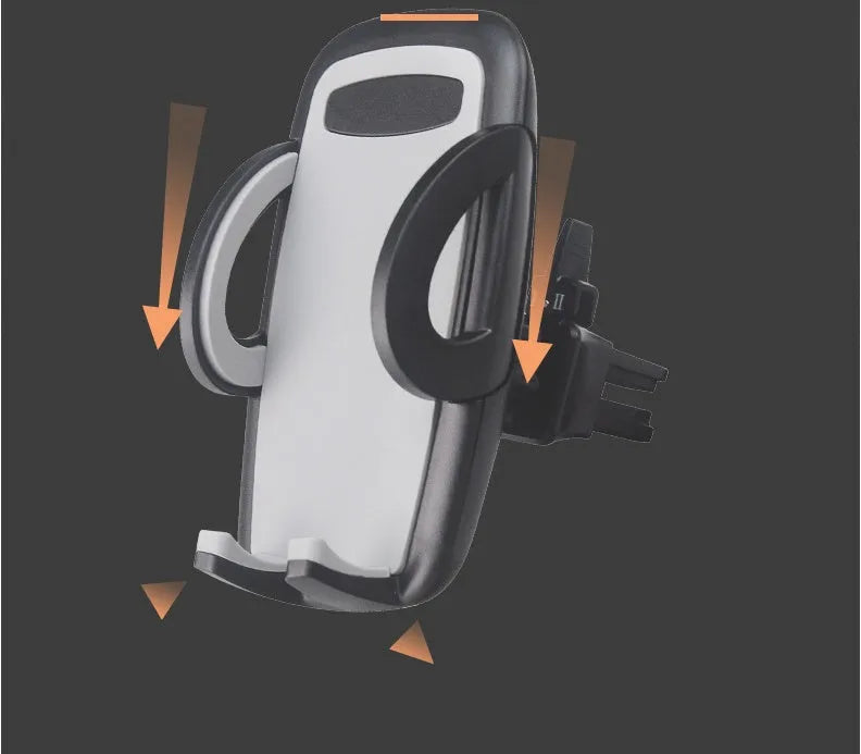 Black plastic universal mobile phone holder mounted on car air vent