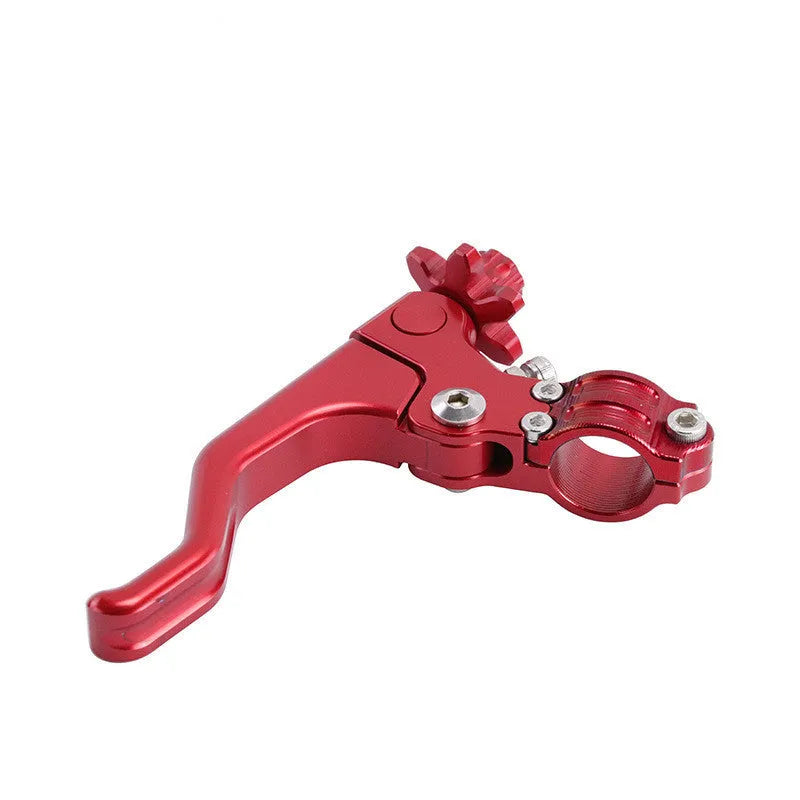 Aluminium two-finger motorcycle clutch lever shown in multiple colour options including red, blue, and black.