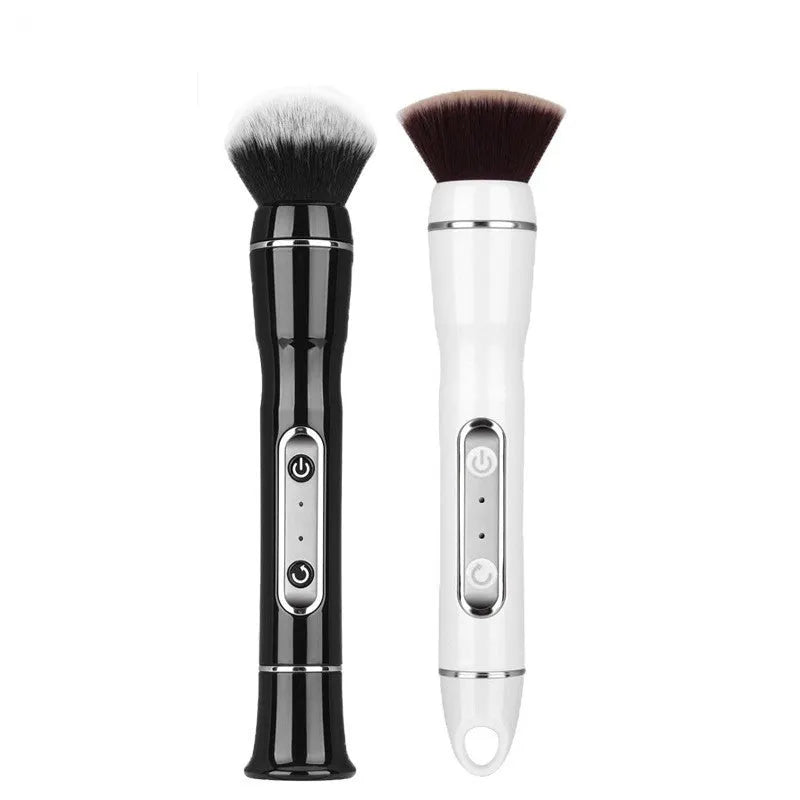 Electric makeup brush with foundation head and blush head, black, on a white background