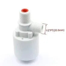White nylon automatic float valve for purified water systems with BSP thread connections.