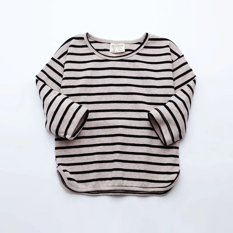 Striped print long sleeve cotton T-shirt for baby girls in black colour with size chart