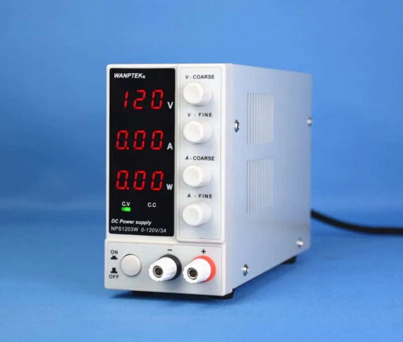 White adjustable DC bench power supply unit with displays and controls for voltage and current.