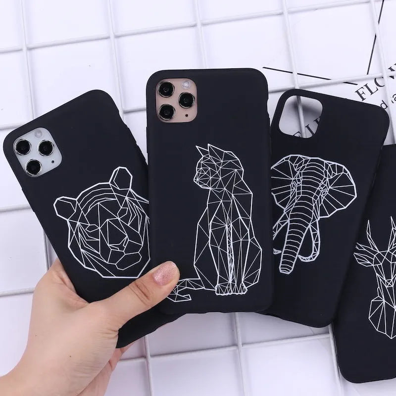 Animal line art painted TPU iPhone case showing graffiti-style cat, deer, horse, love, snake, and wolf designs on solid colour background