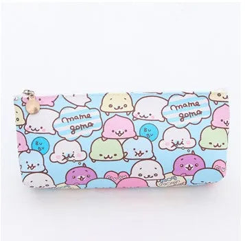 Blue triangle PU leather pencil case with cartoon expressions and zipper, measuring 20cm by 9.5cm