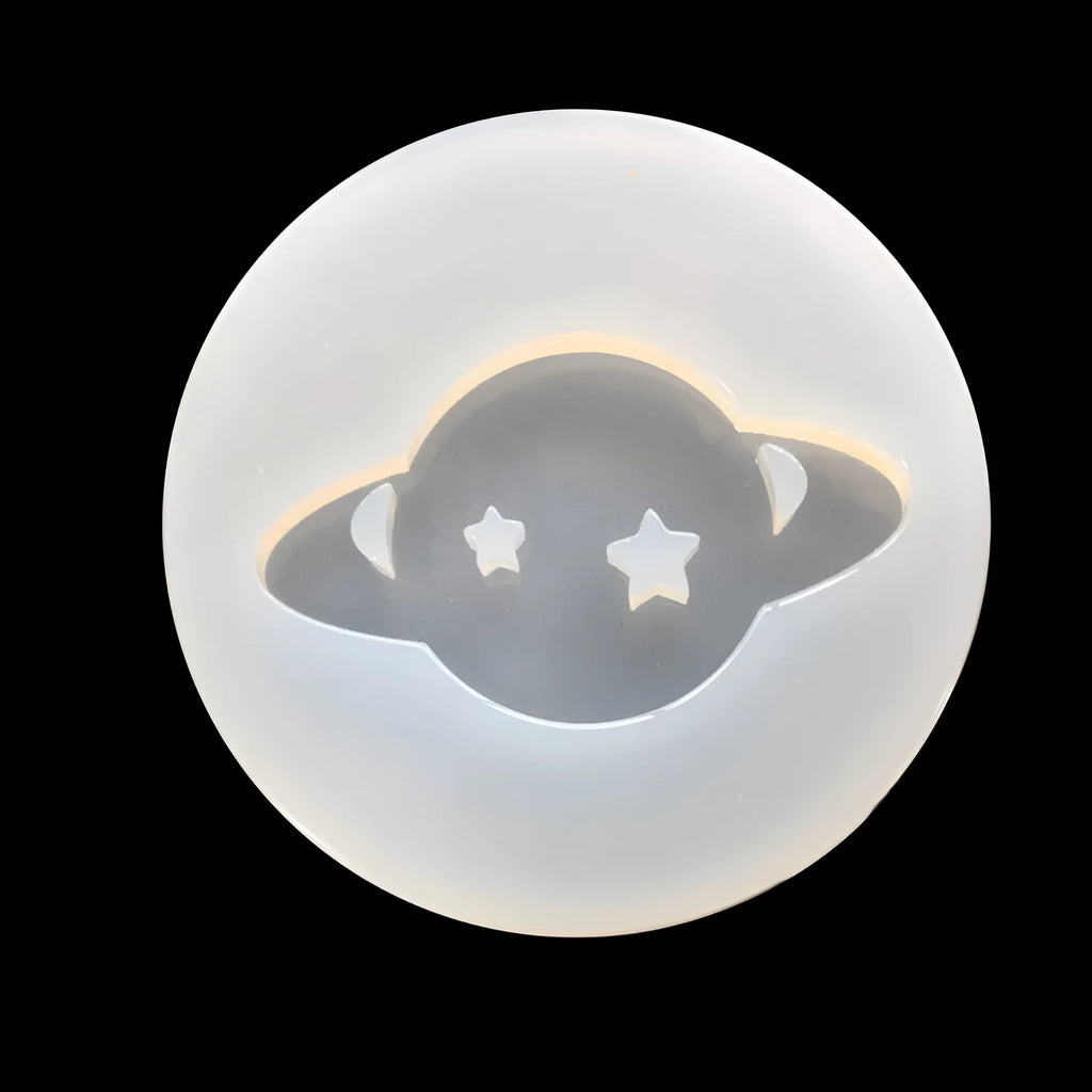 Circular planet silicone resin mould showing 6.5 cm diameter and full mirror surface pattern