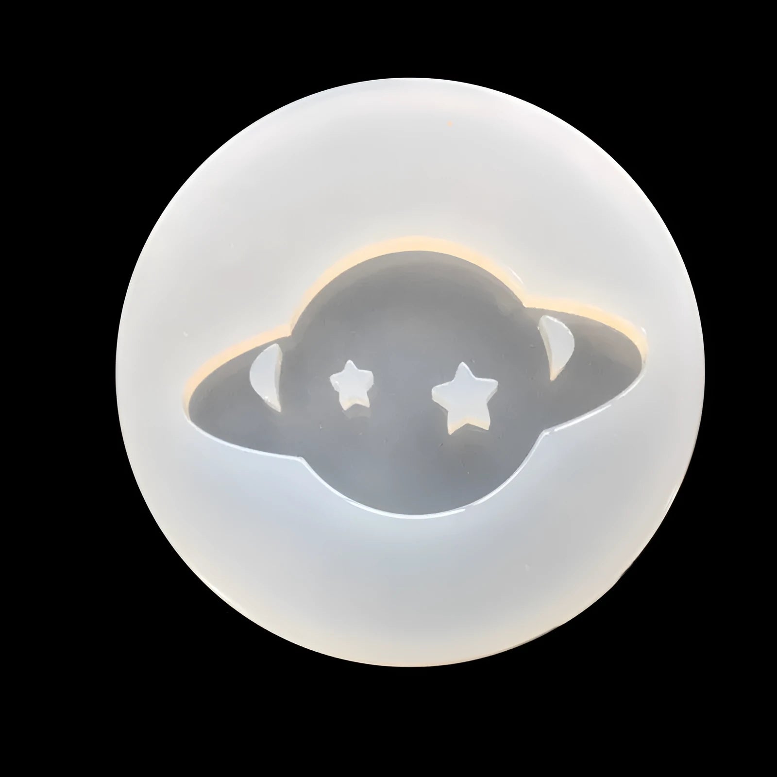 Circular planet silicone resin mould showing 6.5 cm diameter and full mirror surface pattern