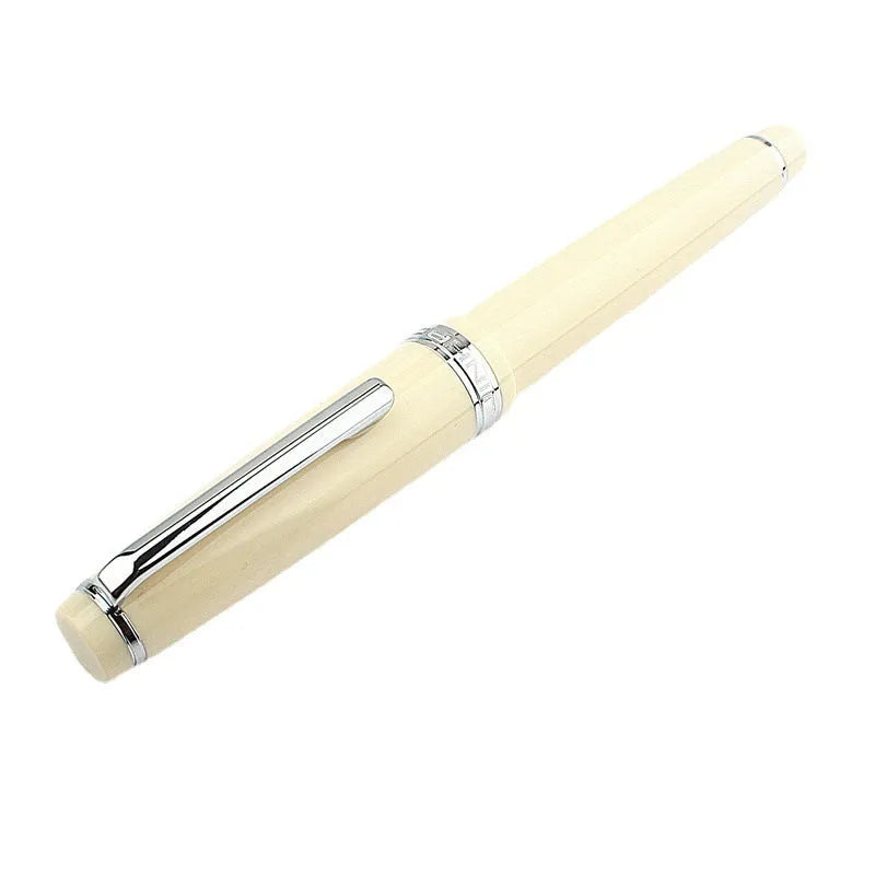 Resin fountain pen with stainless steel nib, shown in black with gold clip option.