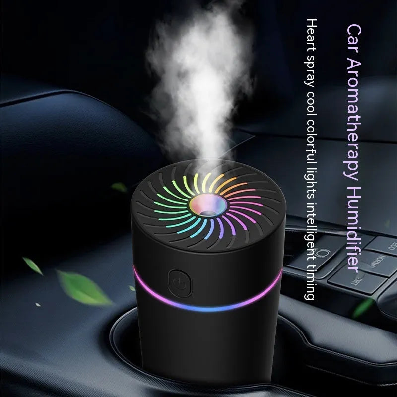 USB car mini humidifier in black or white with plug-in or battery options for vehicle use
