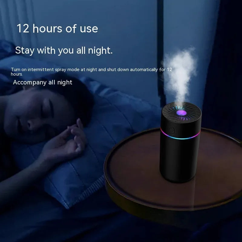 USB car mini humidifier in black or white with plug-in or battery options for vehicle use