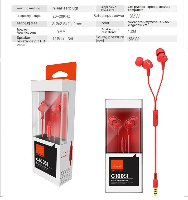 In-ear wired earphone with dynamic bass boost subwoofer in black, 3.5mm plug, 1.2m cable, with microphone