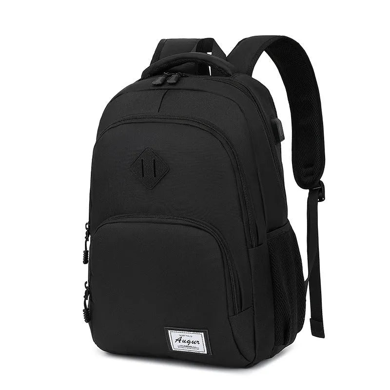 Lightweight grey and black USB charging backpack with external port and thickened nylon fabric.