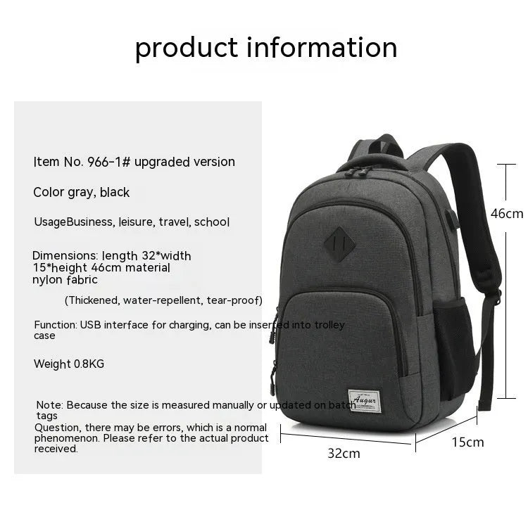 Lightweight grey and black USB charging backpack with external port and thickened nylon fabric.