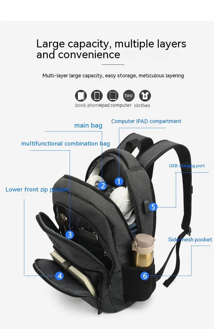 Lightweight grey and black USB charging backpack with external port and thickened nylon fabric.