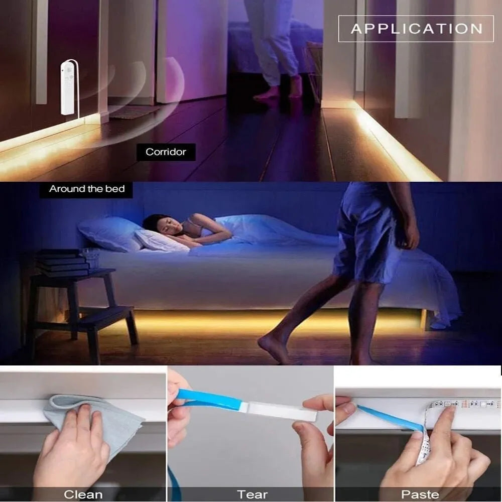LED human body induction light strip, waterproof, 1m 2m 3m, warm white or white, under bed cabinet light
