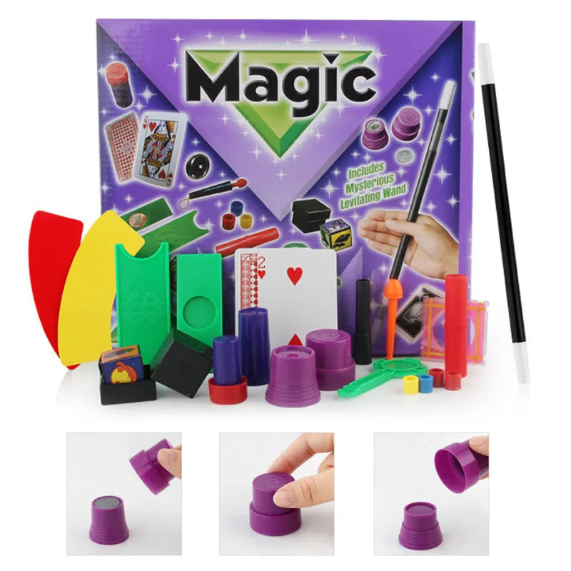 Purple and red plastic magic toy prop set for children aged 3-7 in carton packaging