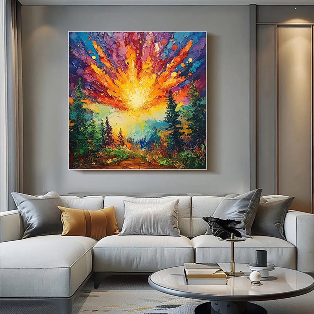 Hand-painted oil painting of a sun rising in a deep forest with brilliant light, square canvas wall art without frame