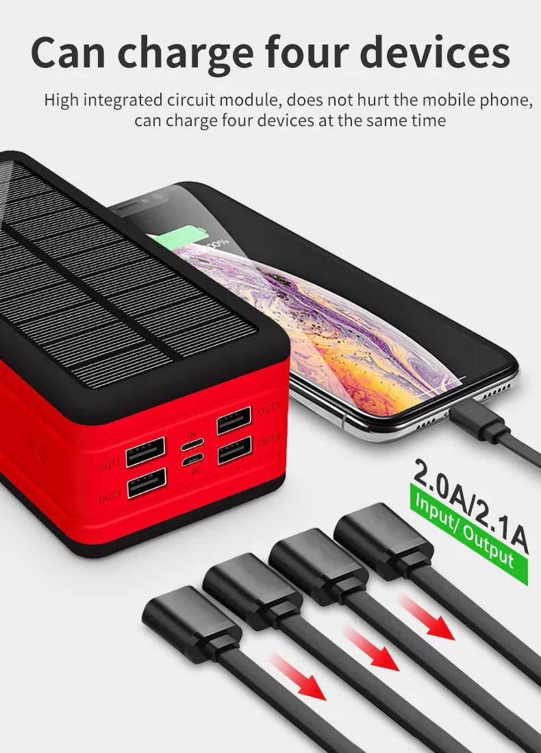 Black solar wireless power bank with coloured accents showing solar panel and wireless charging symbol