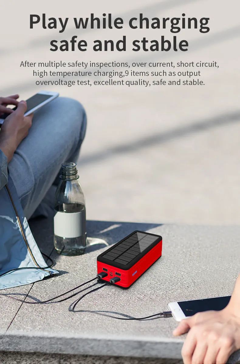 Black solar wireless power bank with coloured accents showing solar panel and wireless charging symbol