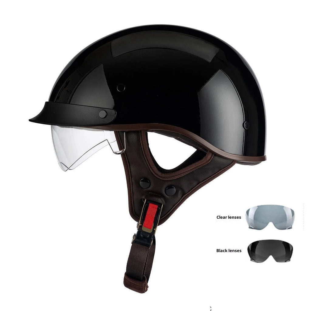 Retro full-face electric motorcycle helmet in Bright Black with visor and chin strap