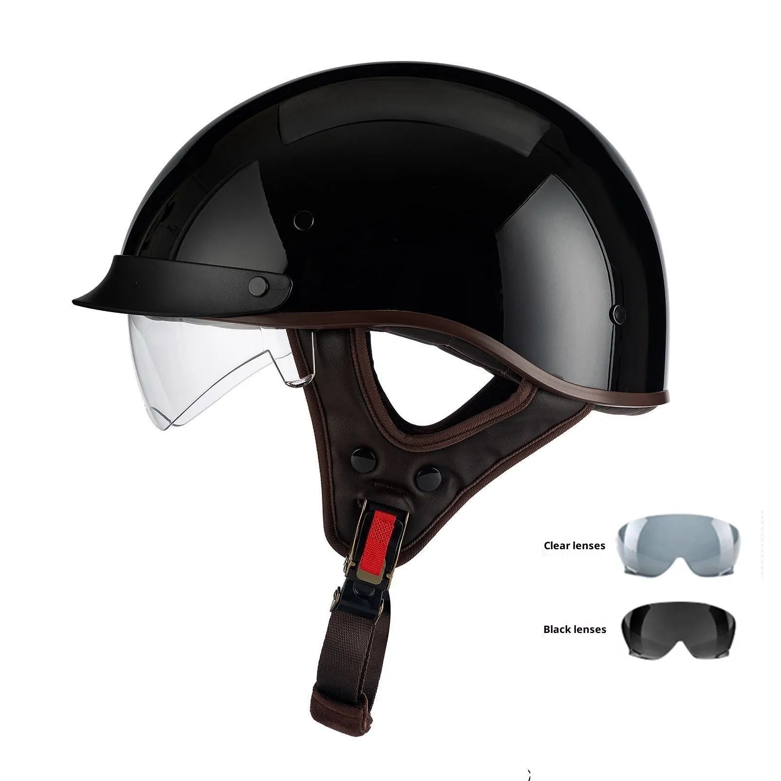 Retro full-face electric motorcycle helmet in Bright Black with visor and chin strap