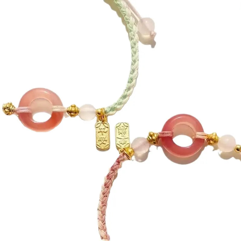 National style DIY woven watch band couple bracelet with peach blossom pattern in black, green, or pink colour options