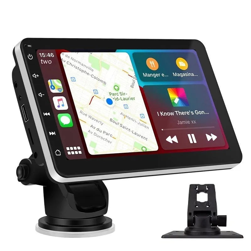 7 inch car GPS navigation unit with wireless Apple Carplay and reversing camera display on universal mounting bracket