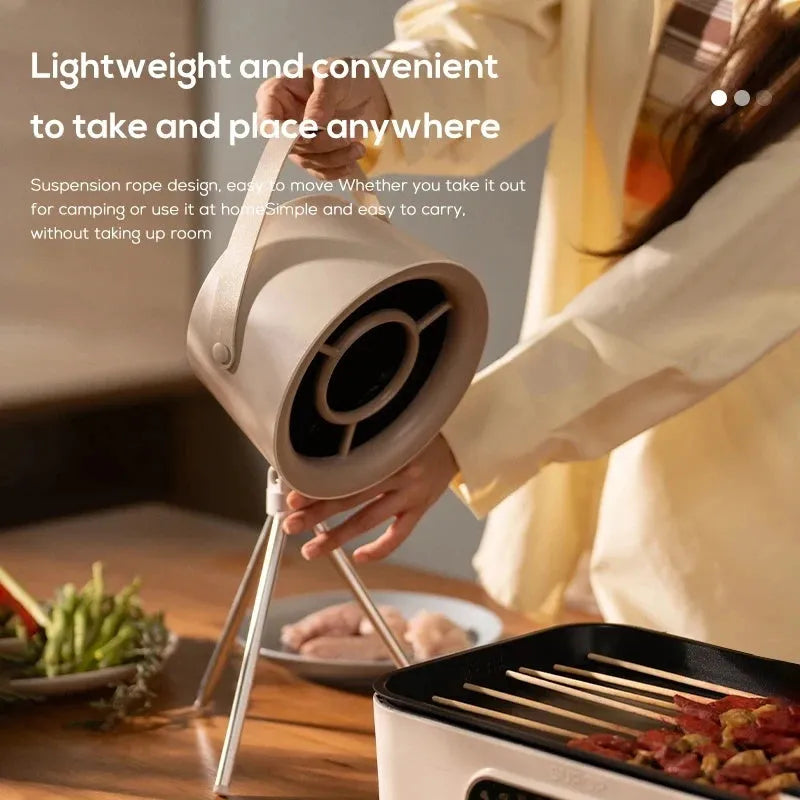 Milky white portable desktop kitchen exhaust fan with USB cable and three-speed controls